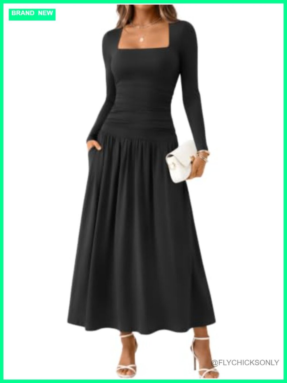 Long Sleeve Maxi Dress with Pockets Square Neck Pleated